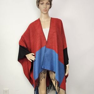 Janice Apparel Wrap Poncho  Colorblock Fringed One size Country Cabincore